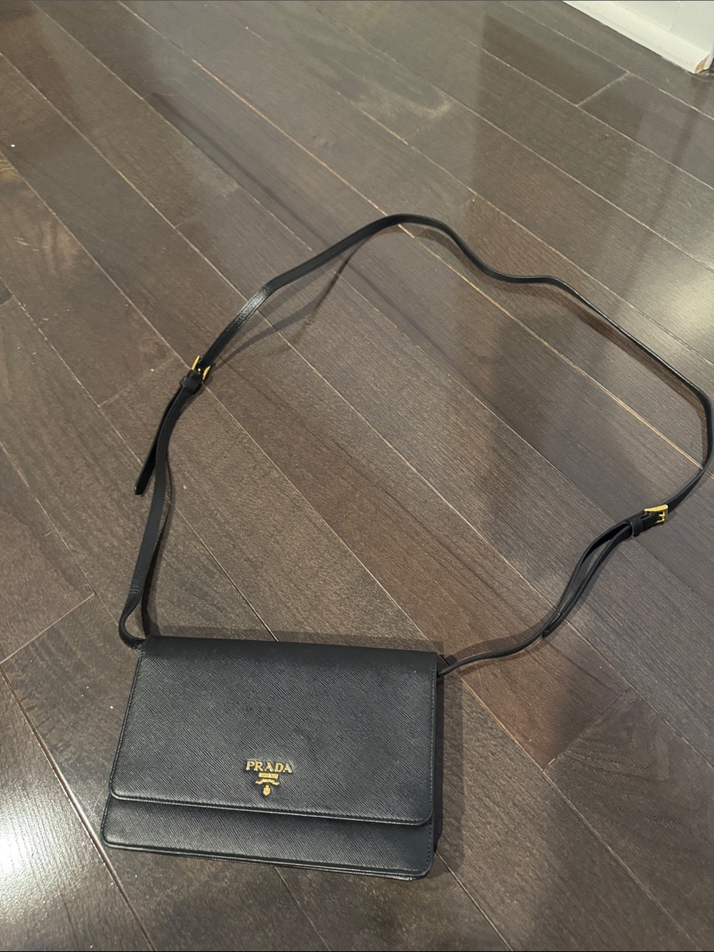 Prada Black Saffiano Crossbody with Gold Logo